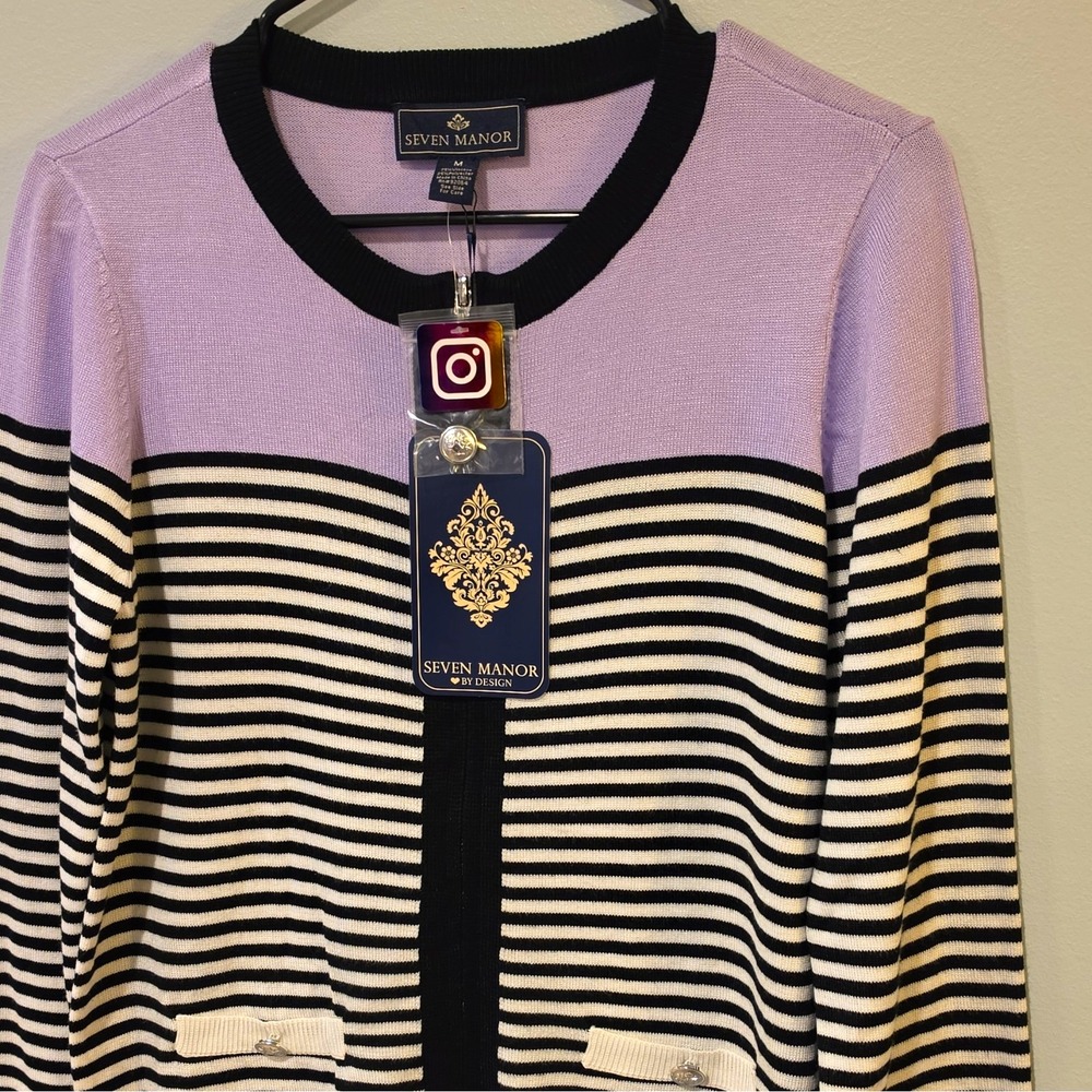 Seven Manor Women's Purple White Knit Crew Neck Stripe Button Cardigan M #299